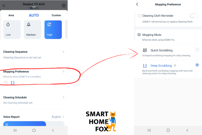 Der Wischmodus wird in der Ecovacs Home App ausgewählt